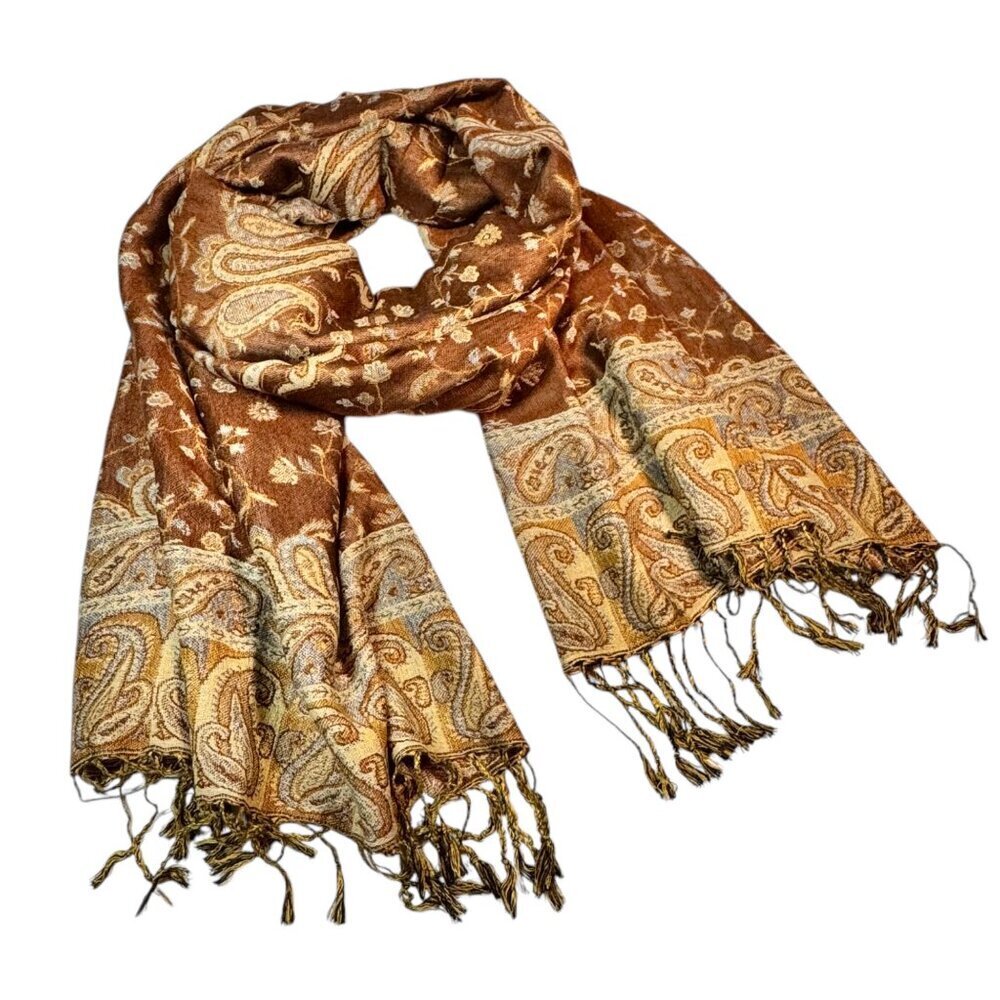 New Large Paisley Scarf Wrap Pashmina Brown Cream Fringe Classic - Picture 5 of 9